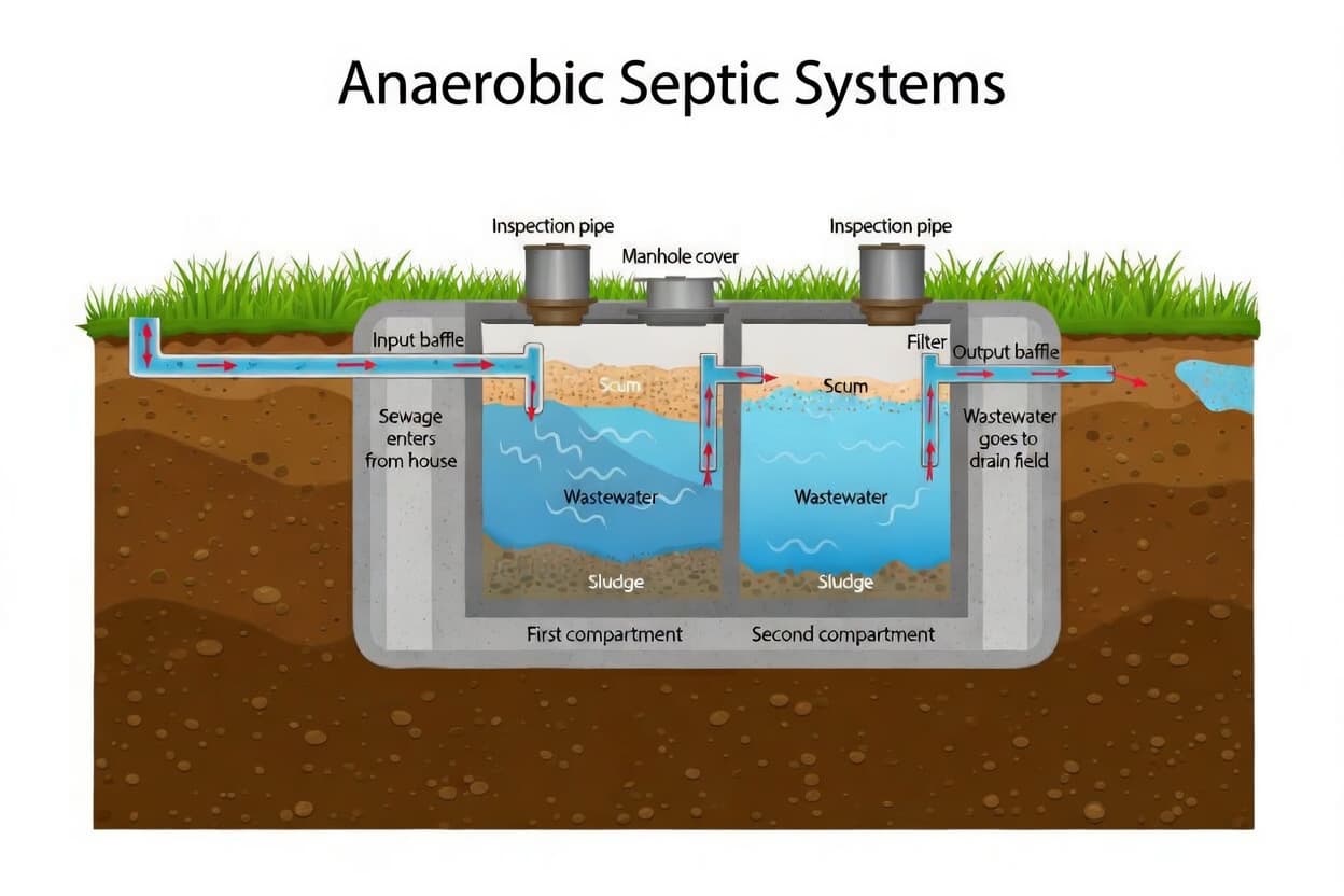 Diagram of an anaerobic septic system showing tank and drainfield