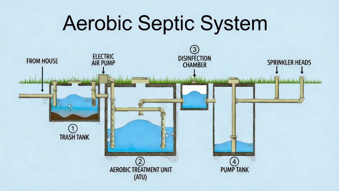 Diagram of an aerobic septic treatment unit with aerator and chambers