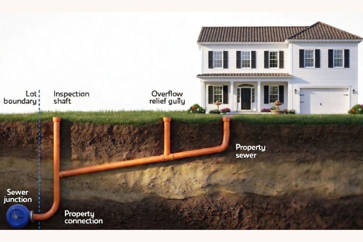 Excavator trenching a yard during a septic to sewer conversion