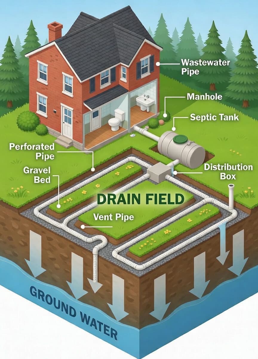 Diagram showing the components of a septic drainfield system including perforated pipes, distribution box, and soil layers