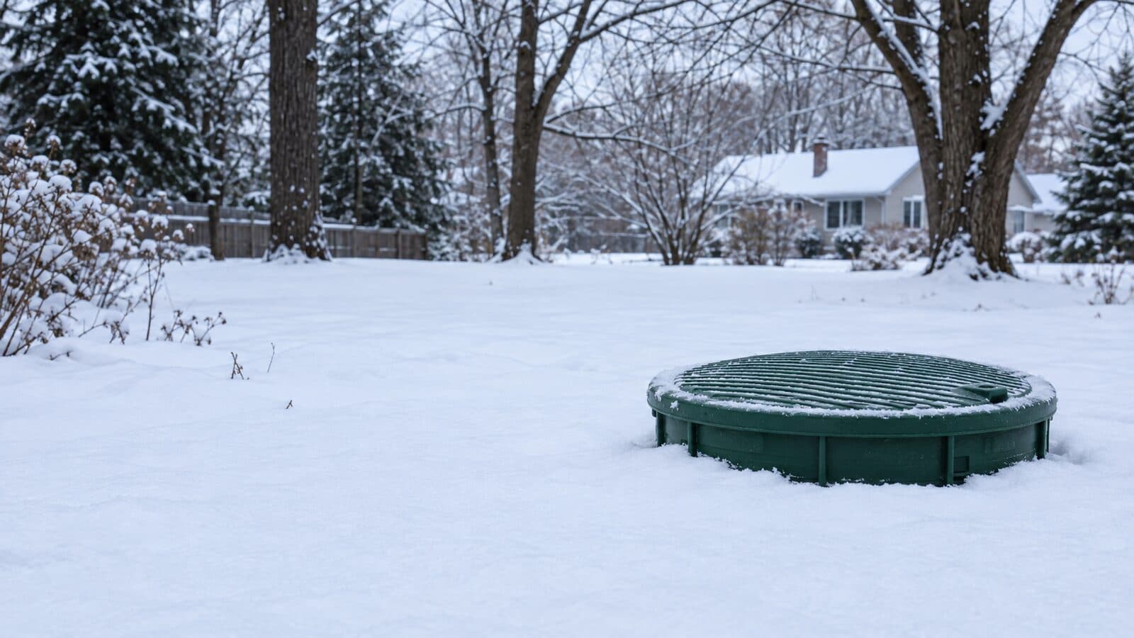 Snow-covered yard over a residential septic tank riser in winter